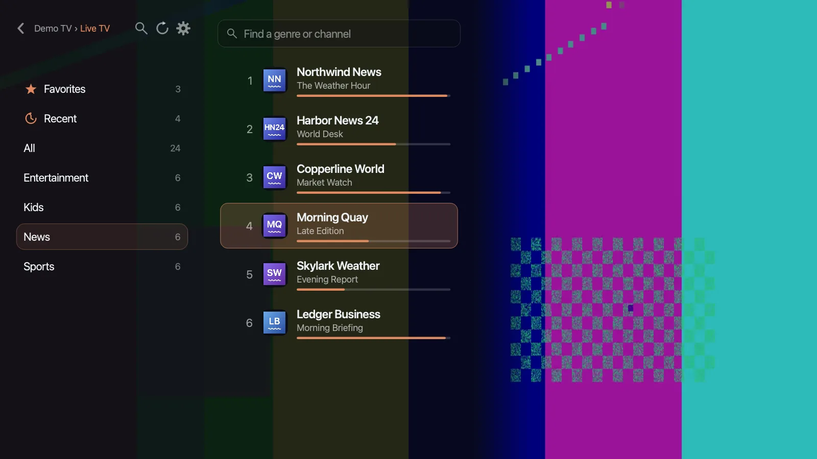 The channel list over a demo channel
