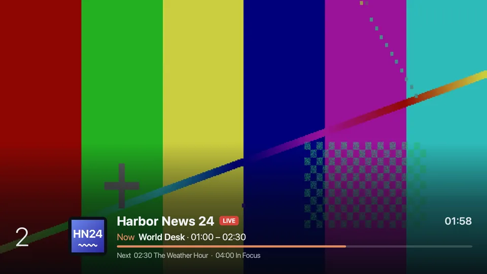 A demo channel playing, with its banner saying what is on now and next