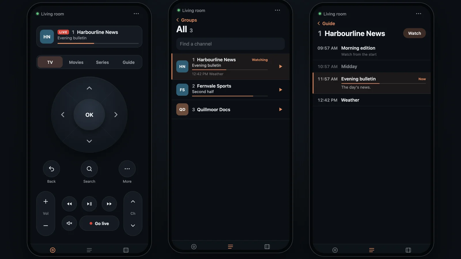 The phone remote: the buttons, the guide and a channel's timetable